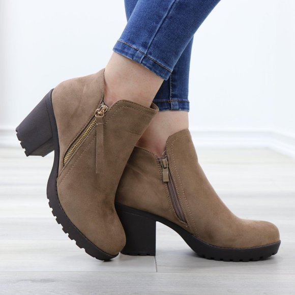 Taupe Suede Lug Chunky Heel Ankle Boots - Picture 2 of 12